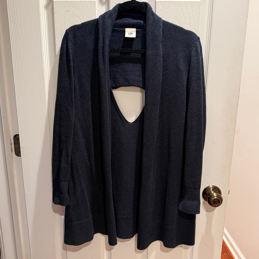 Chic CAbi Navy Blue Women's Cardigan Sweater with Stylish Back Cutout.